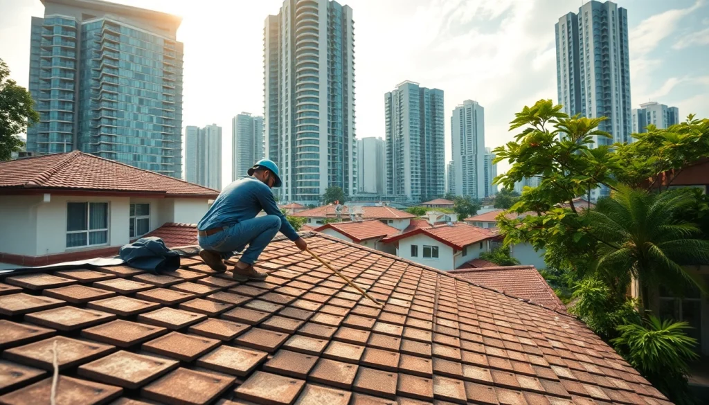 Expert roofing installation in Singapore, highlighting workers and urban landscape.