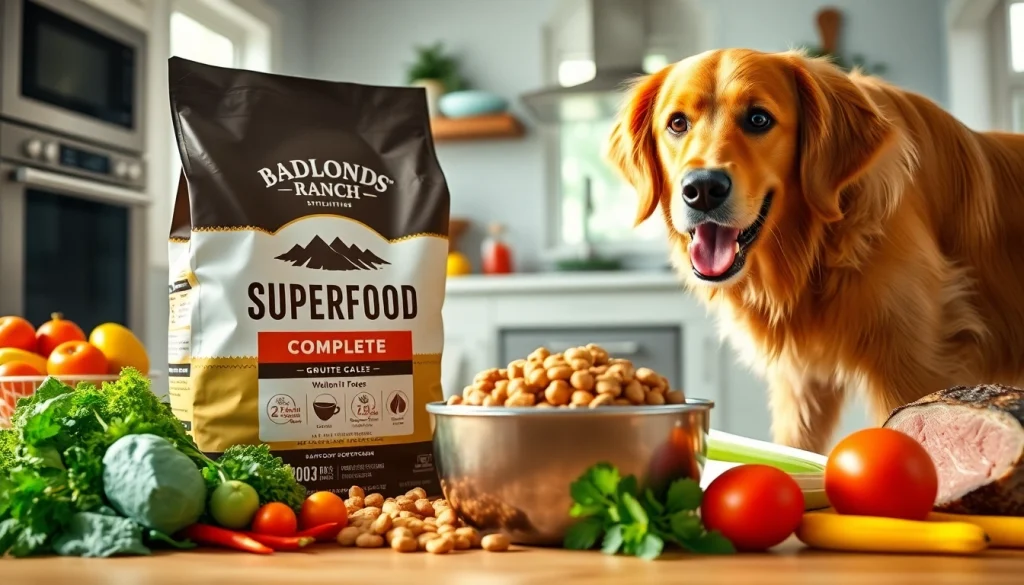 Dog eagerly enjoying badlands ranch superfood complete in a bright kitchen setting with fresh ingredients.