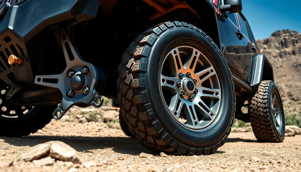 Showcase of XD wheels on an off-road vehicle against a rugged background.