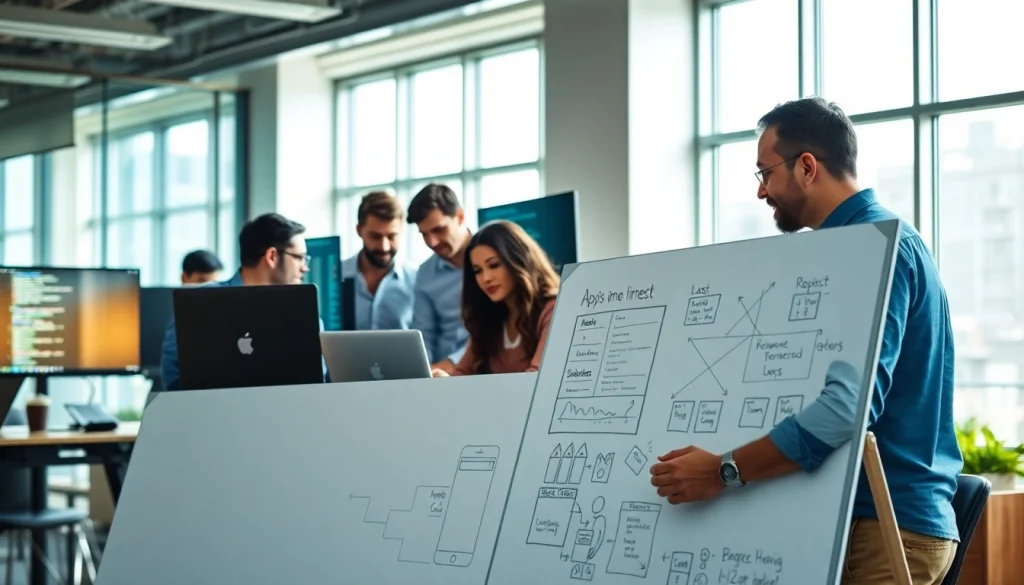 Sviluppatori web app in collaborazione creativa all'interno di un moderno ufficio luminoso