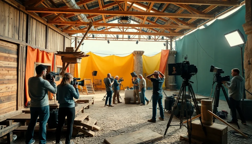 Candid scene of movie sets with vibrant colors and detailed scenery methods used in film.