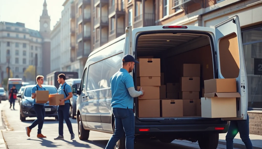Efficient team performing east London removals, showcasing urban vibrancy in a moving scene.