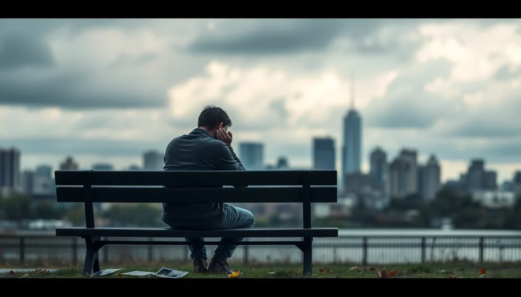 Reflecting on a relationship breakup in a moody, park setting with blurred urban background.