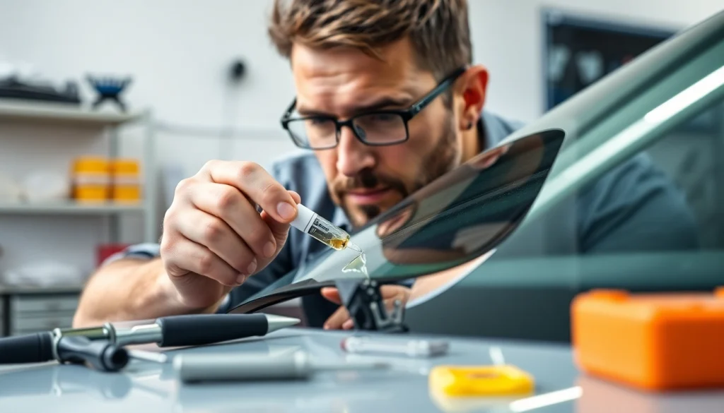Skilled technician performing windshield repair in a professional auto workshop, showcasing expert techniques.