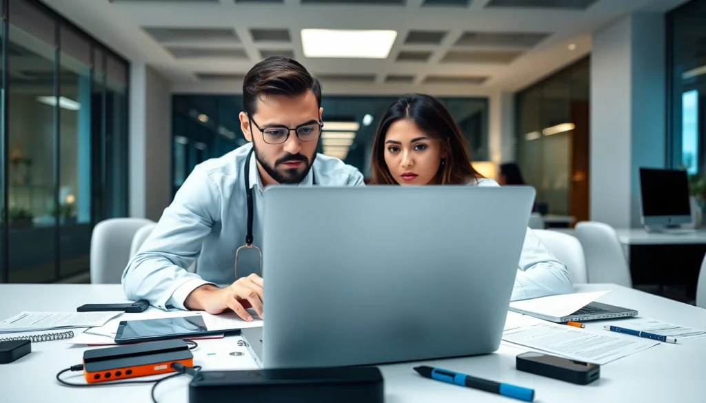 Technician providing computer help to a client in a sophisticated office environment.