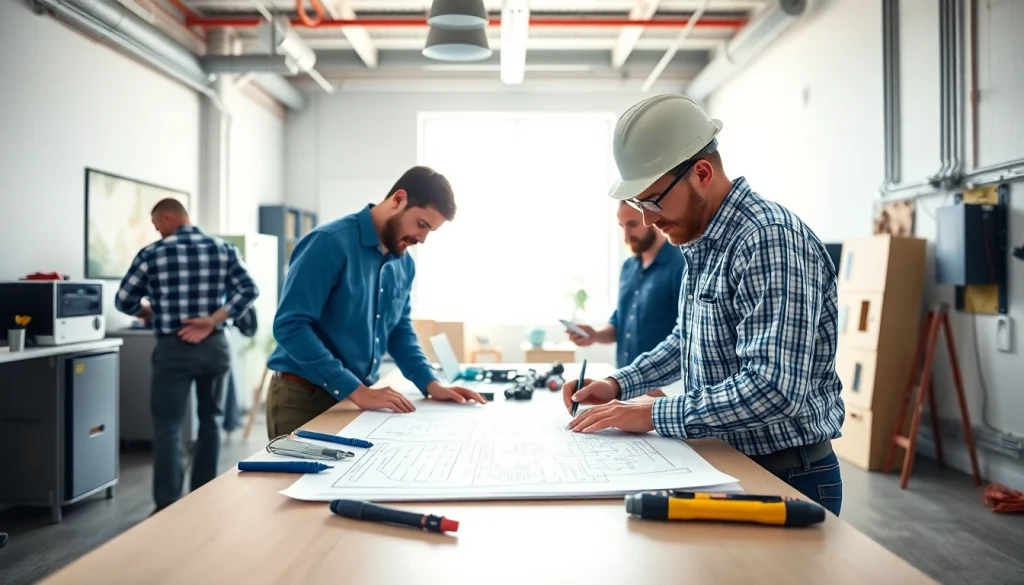 Electrical Contractor working collaboratively in a modern office, surrounded by blueprints and tools.