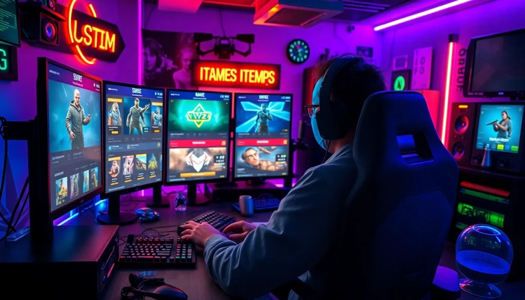 Membeli item dari Game Items shops dengan gamer fokus di depan layar yang cerah.
