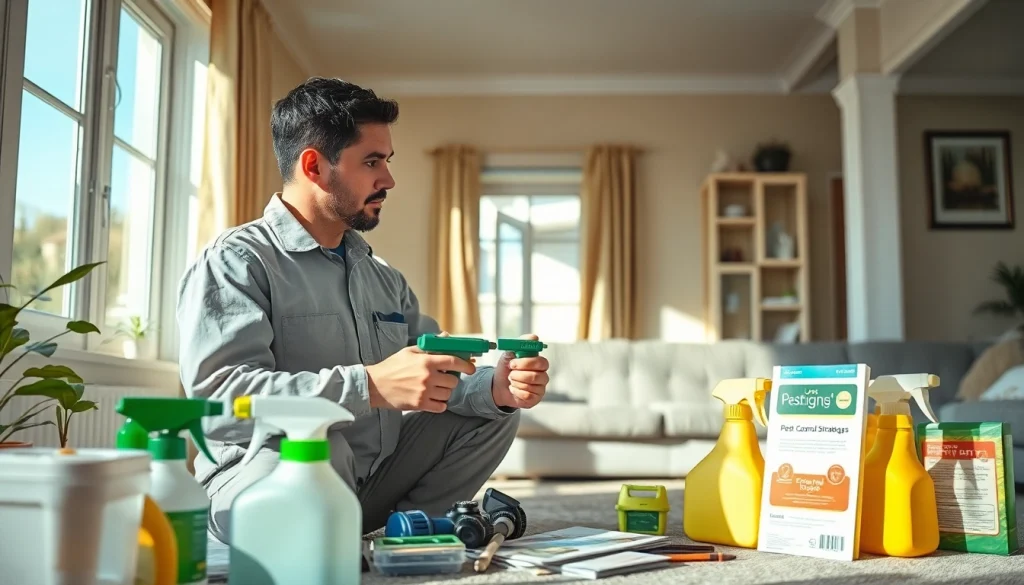 Pest control technician applying treatment in a bright home environment with tools and brochures.