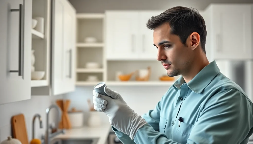 Pest control technician inspecting kitchen cabinets for pests with expert attention and care.