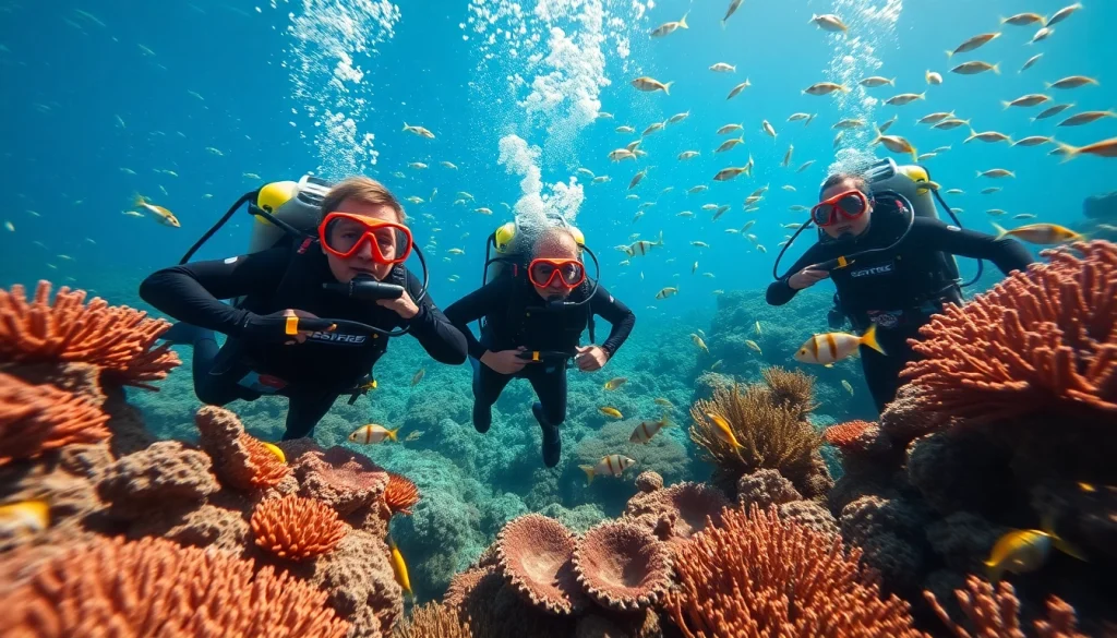 Dive into the stunning world of Bali Diving with scuba divers swimming among vibrant coral reefs.