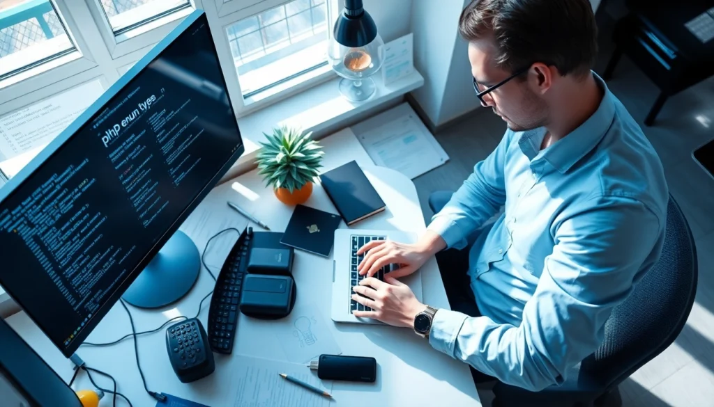 Understanding php enum type through a developer's focused work environment filled with programming resources.