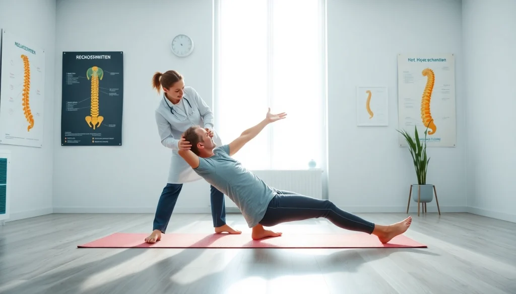 Übung zur Linderung von Rückenschmerzen mit einem Physiotherapeuten im modernen Kliniksetting.