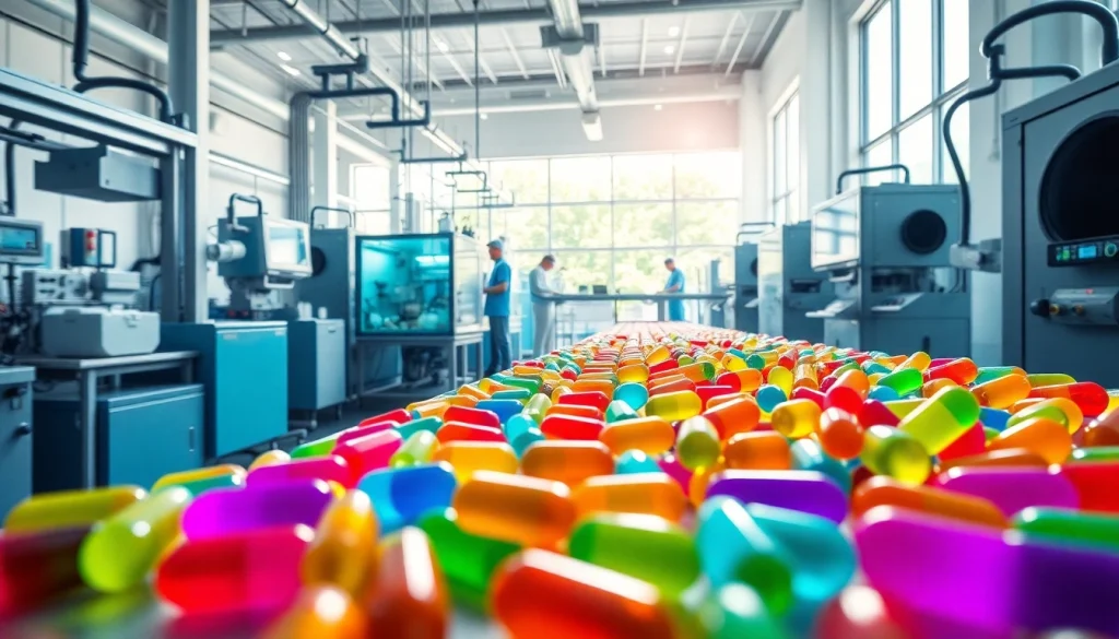 Showcasing a facility of a Softgel Manufacturer USA with advanced production technology and vibrant capsules.
