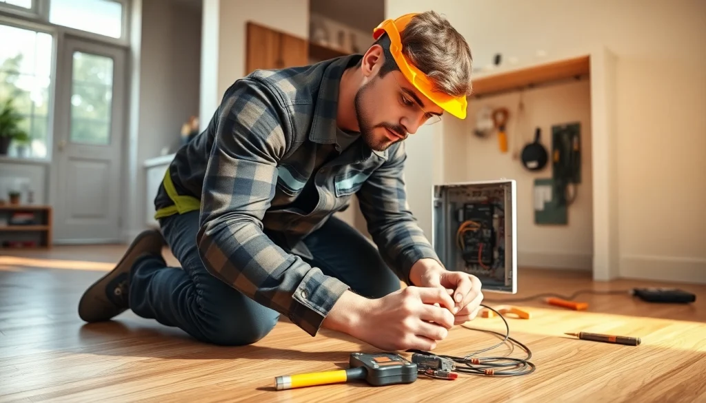 Electrician installing wiring with focus and precision in a home setting.