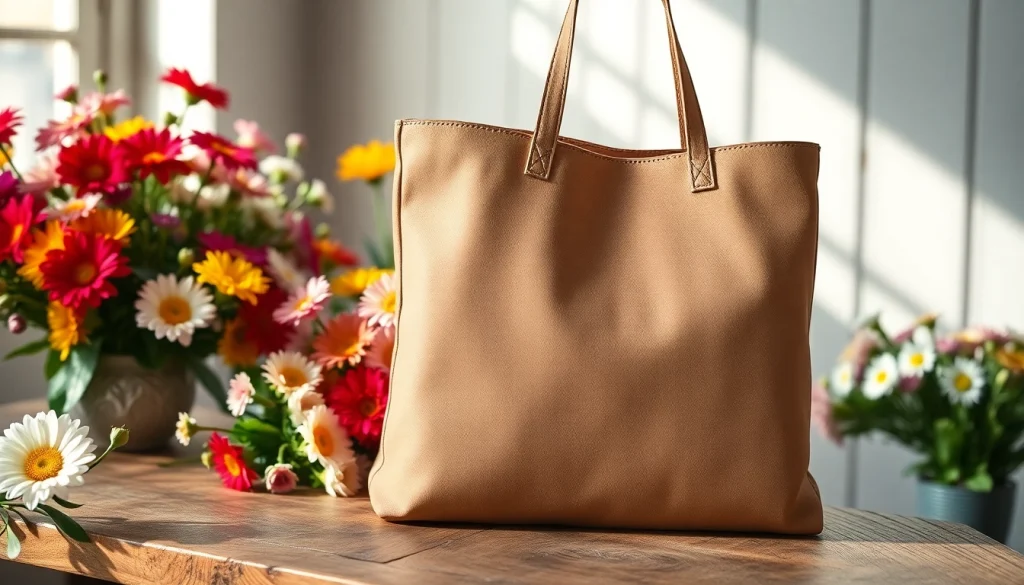 Stylish tote bag resting on a wooden table surrounded by vibrant flowers.