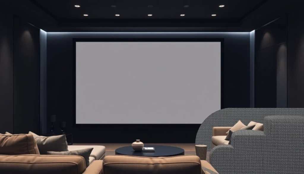 Display of a stunning Fixed Frame Projection Screen in an elegant home theater environment.
