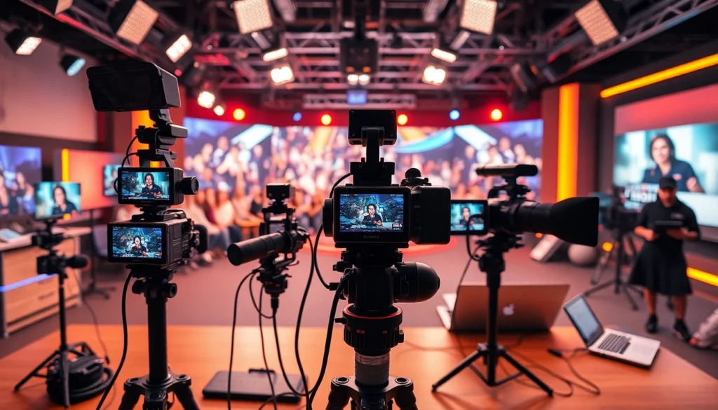 Engaging live stream setup showcasing professional broadcasting equipment and vibrant atmosphere.