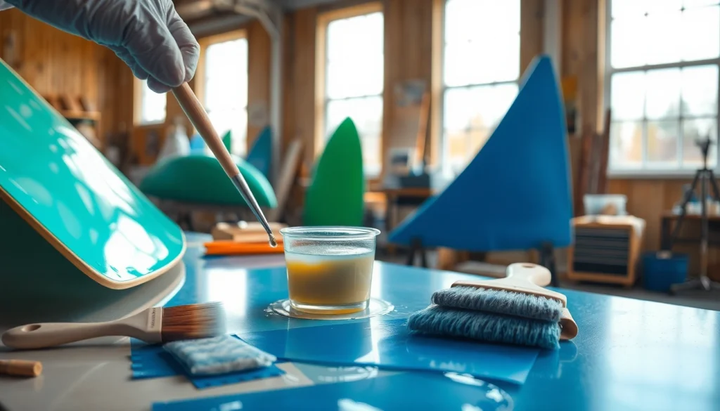 Laminating resin application showcasing vibrant materials and detailed tools in a bright workshop setting.