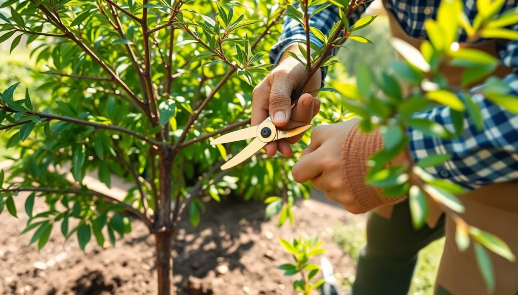 Snoeien van een boom door een tuinier in een weelderige tuin, met nadruk op de juiste technieken.