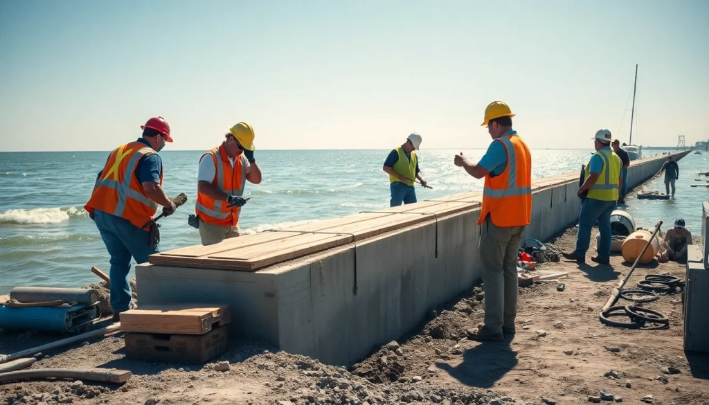 Workers performing bulkhead repair Galveston, ensuring shoreline stability and safety.
