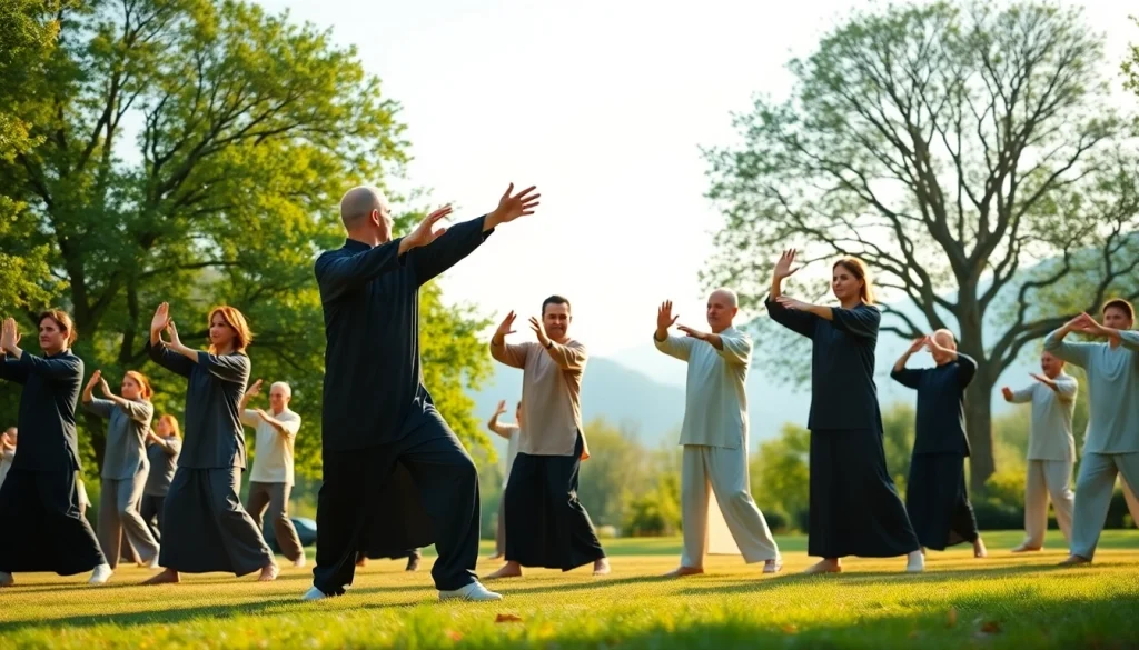 Engaged practitioners enjoying Online Tai Chi Lessons in a peaceful park setting.