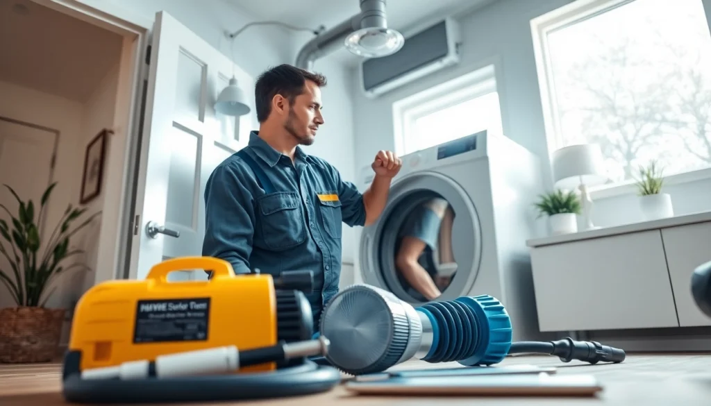 Technician offering dryer vent franchises near me services in a well-lit home environment.