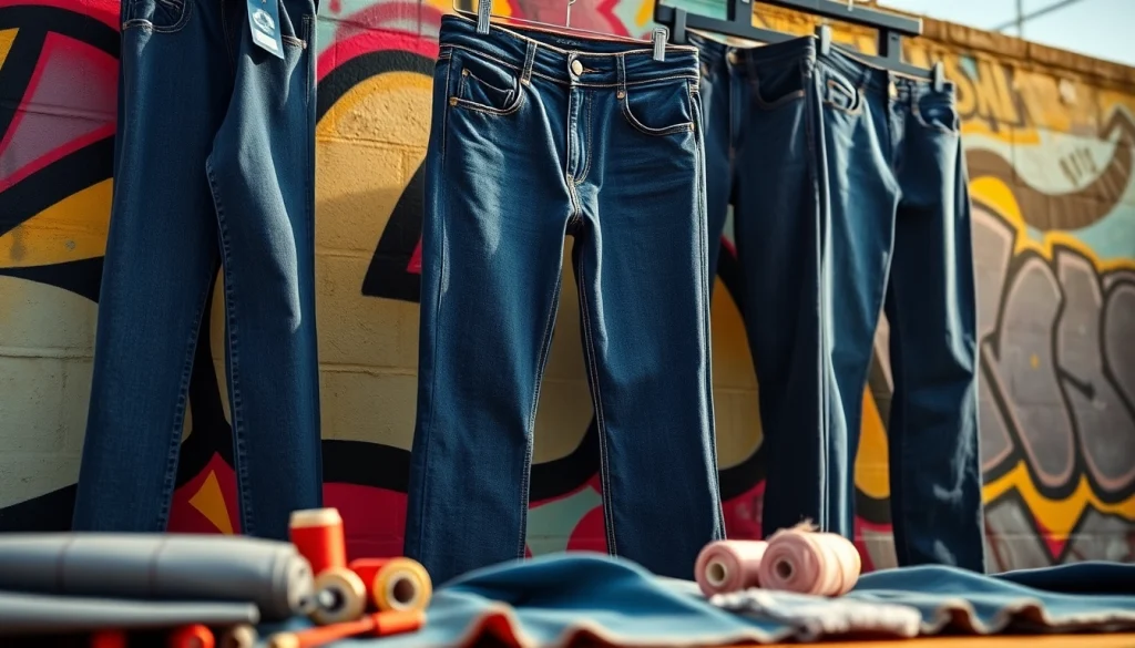 Showcasing jeans garment manufacturers through stylish denim jeans against urban creativity.