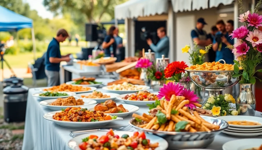 Catering for film productions Hamilton with a vibrant buffet at an outdoor set, reflecting creativity and professional service.