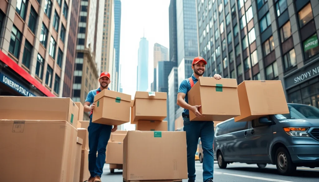 Best movers nyc efficiently handling boxes in an urban setting showcasing professionalism and teamwork.