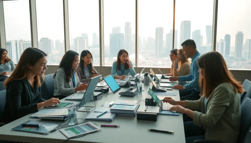 Engaged team of an event company in Singapore planning a vibrant event in a bright setting.