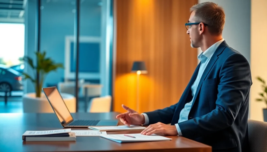 Discussing Auto insurance options with a friendly agent in a professional setting.