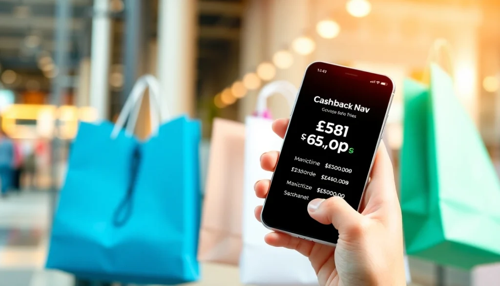 Engaging cashback comparison display on a smartphone amidst a shopping backdrop.