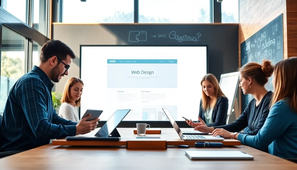 Create engaging websites at a leading web design company kansas city with a creative team brainstorming in a modern office.