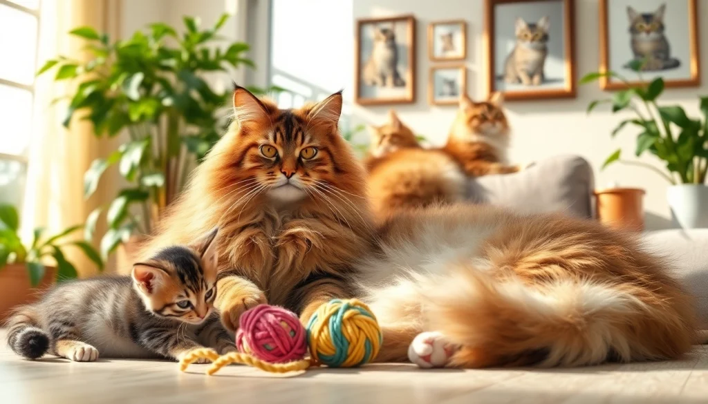 Maine Coon cats for sale near me showcasing a playful kitten with an adult in a cozy indoor setting.