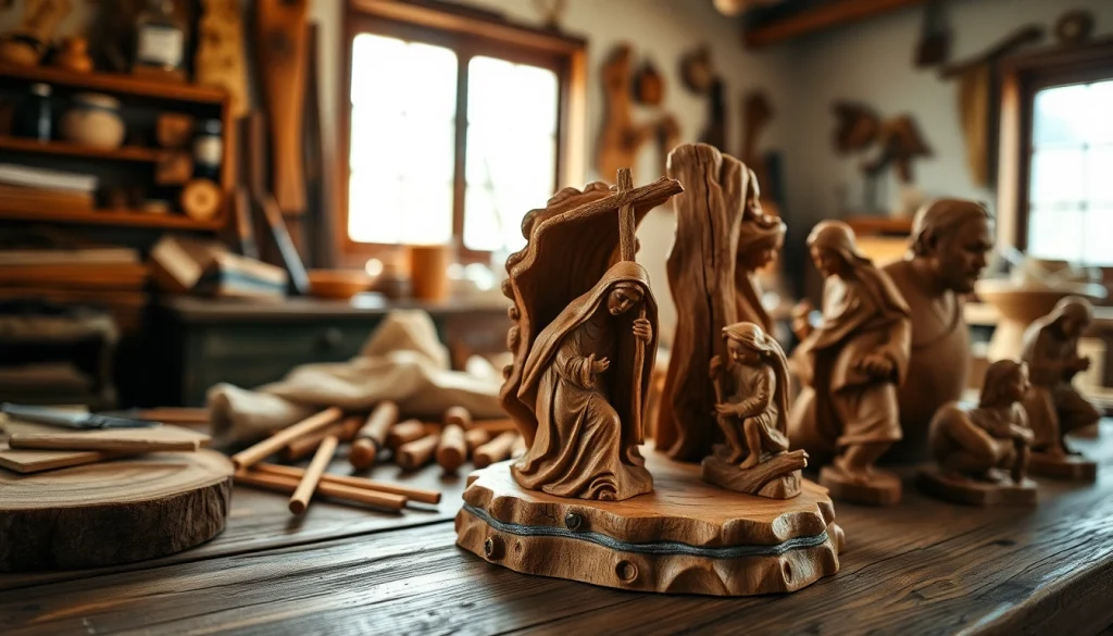 Admiring a detailed collection of Olive wood carvings showcasing exquisite craftsmanship.