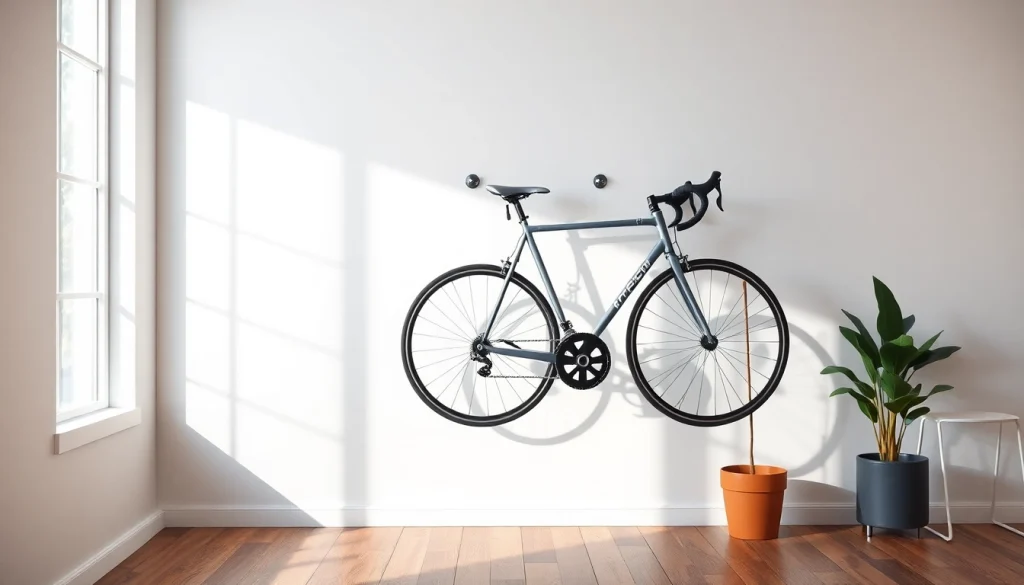 Display a Bicycle wall hanger showcasing a road bike in a modern, minimalist interior.