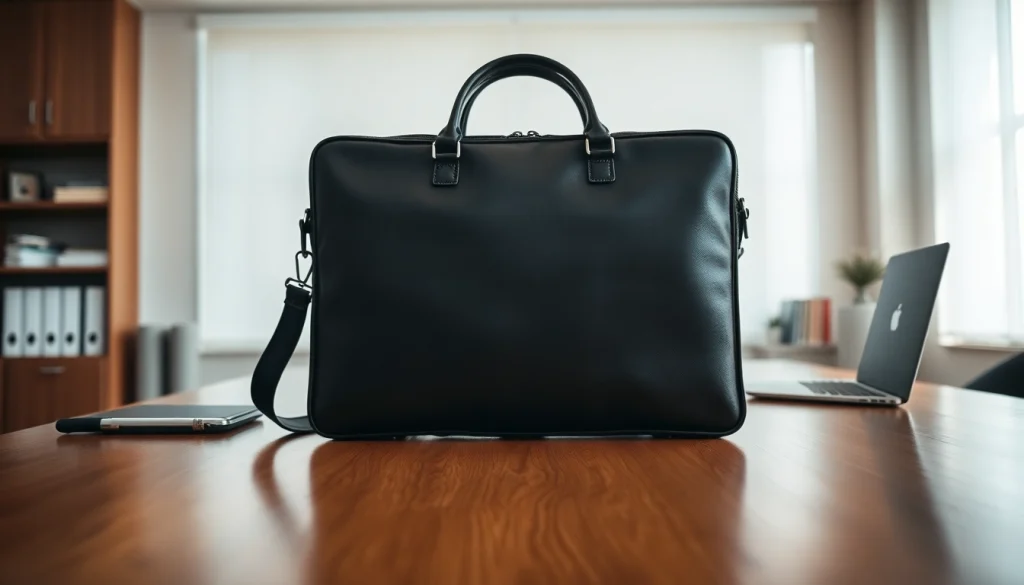 Showcasing a Leather Briefcase on a polished desk, emphasizing its luxury and professional design.