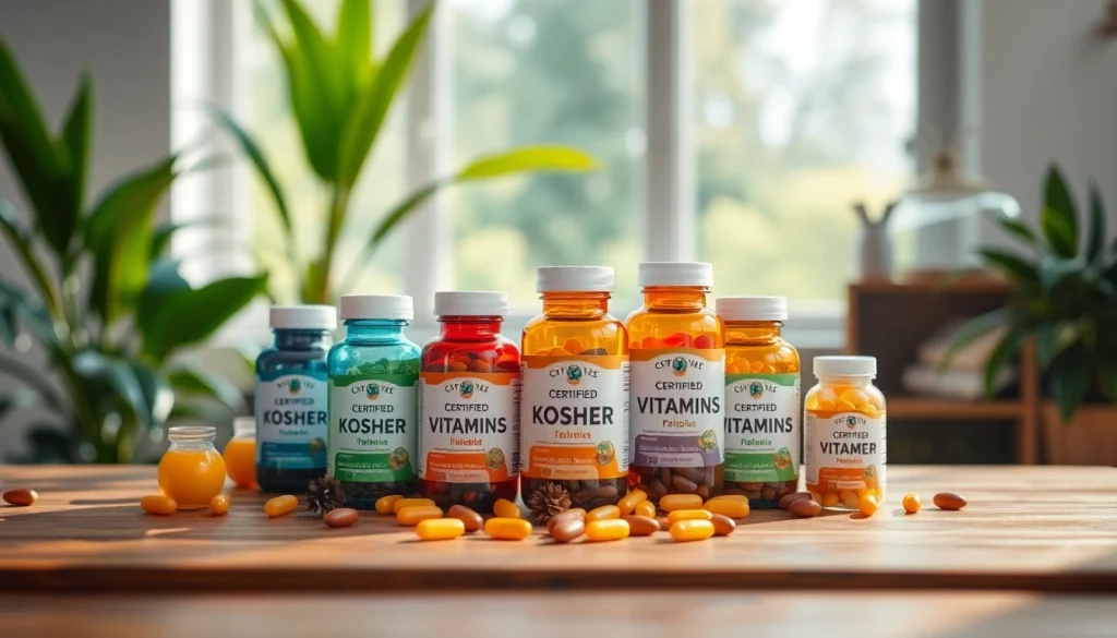 Showcasing certified kosher vitamins arranged beautifully on a wooden table with natural light.