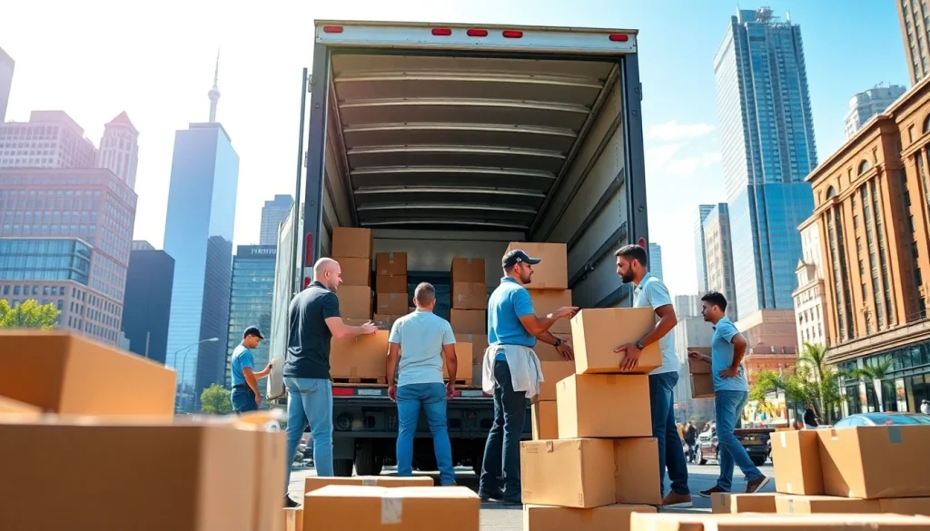 NYC movers packing items amidst the iconic New York skyline for an efficient move.