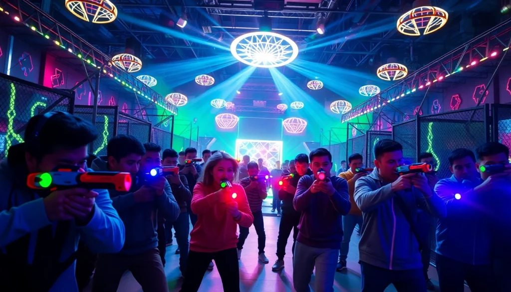 Engaging players in a laser tag arena with colorful blasters and neon lighting.