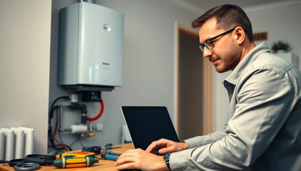 Gas engineer Bristol inspecting boiler installation with tools and equipment in a bright home setting.