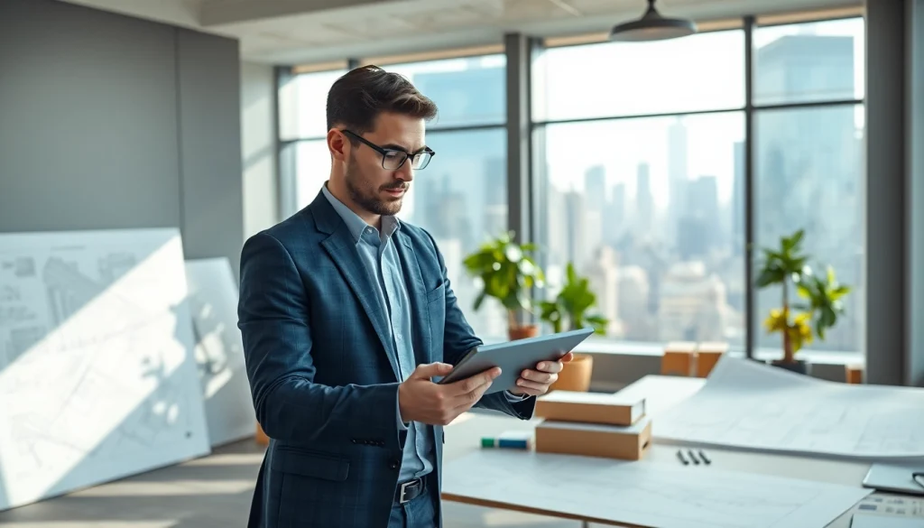 New York City Construction Manager analyzing plans in a bright office setting