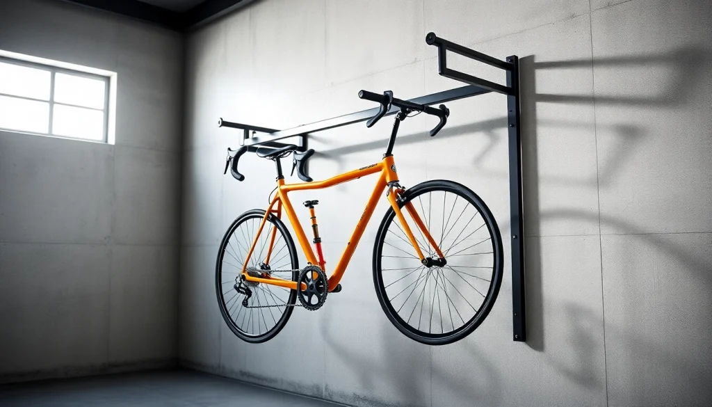 Securely mounted bike wall rack showcasing two bicycles in a modern garage.