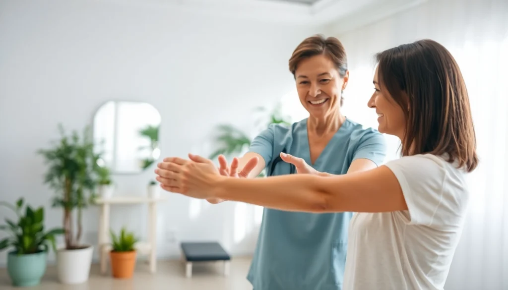 Engaging physiotherapist demonstrating exercises for physiotherapy near me in a welcoming clinic.