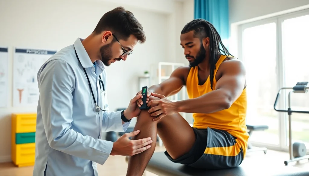 Sport physio assessment of an athlete's knee by a professional physiotherapist in a clinic.