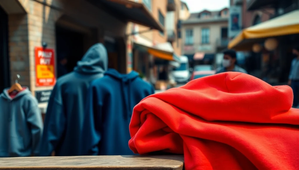 Showcase various blank hoodies in urban setting with vibrant colors and inviting atmosphere.