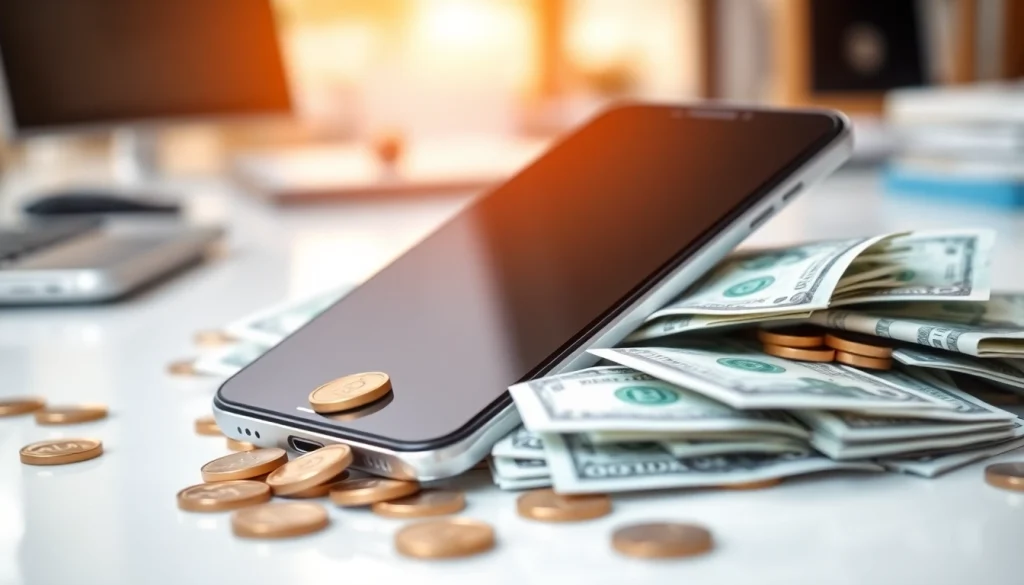 Sell old phone for cash with vibrant bills and coins surrounding a sleek smartphone.