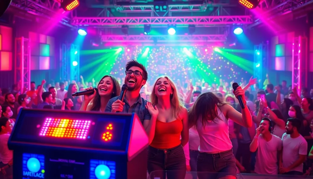 Singing karaoke with friends on stage in a vibrant, festive atmosphere.