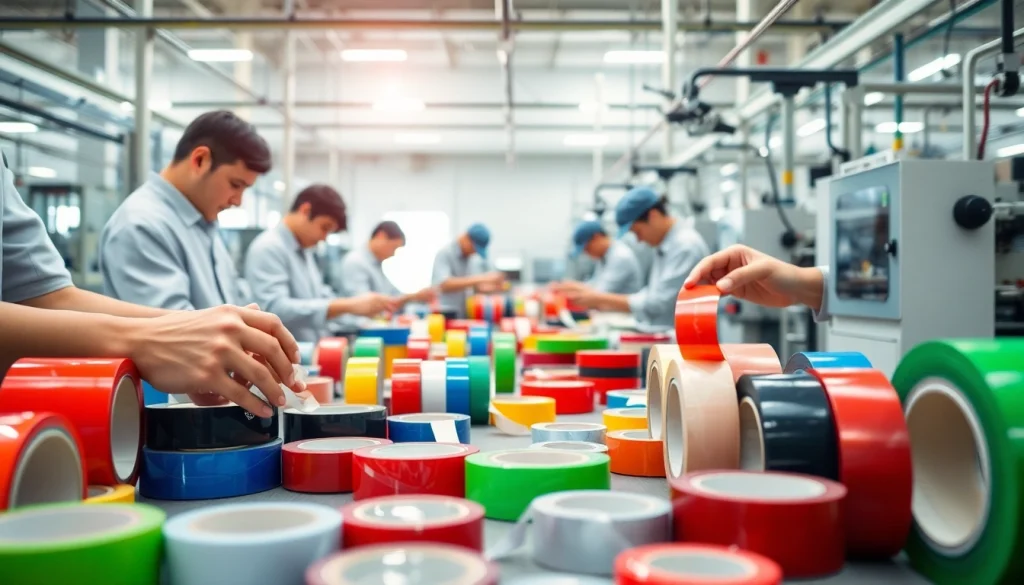 Engaging scene of a tape manufacturer showcasing workers and adhesive tape production.