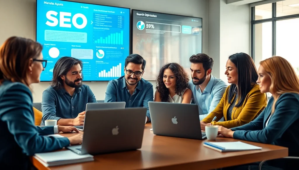 Engaged professionals at a search optimization company analyze data and strategies in a vibrant office